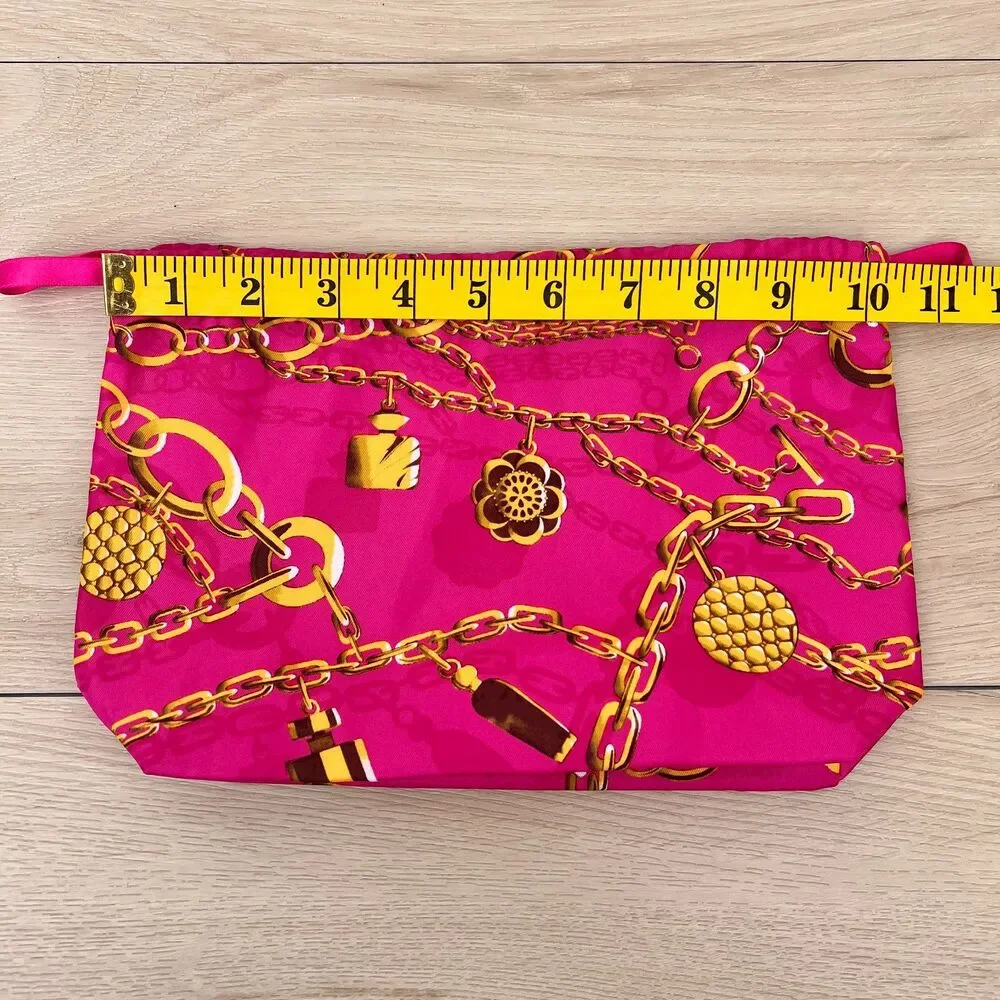 Estee Lauder Fuchsia Pink Gold Chain 90s Pattern Drawstring Makeup Bag
